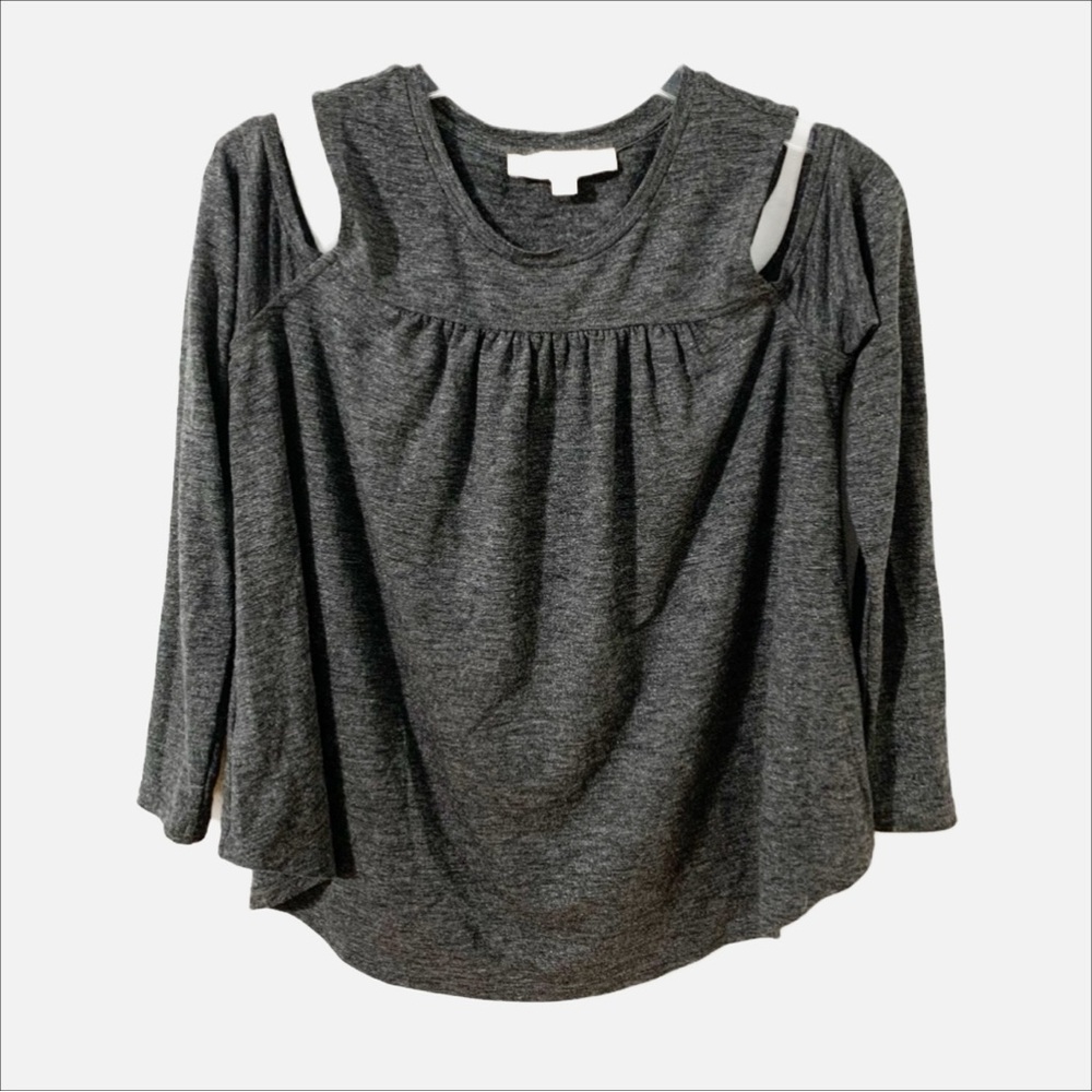 Ann Taylor LOFT Long Sleeve Rounded Neckline Cold Shoulder Gathered Front Top 🩶